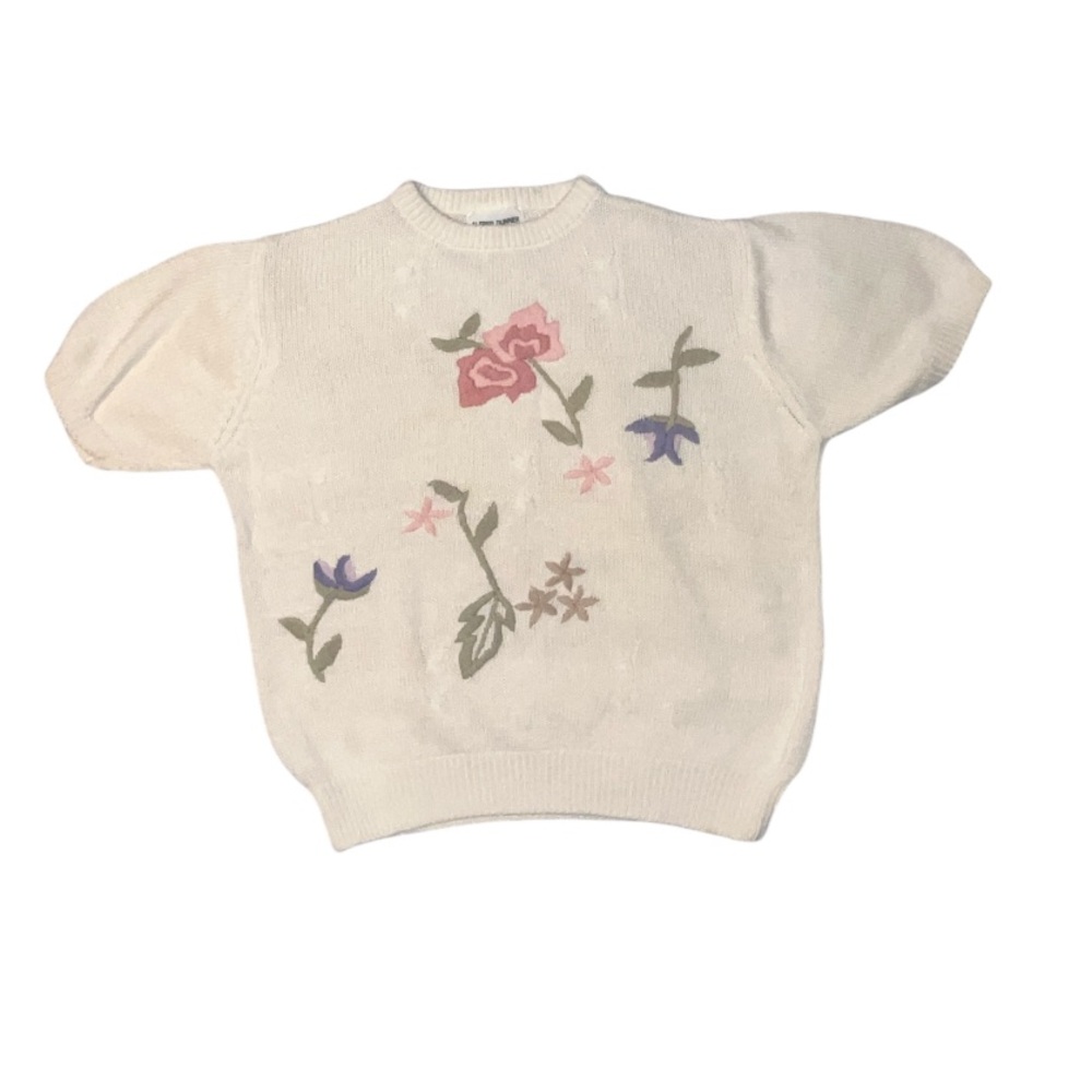 Vintage Alfred Dunner Embroidered Flowers Short Sleeved Knit Sweater Size Large